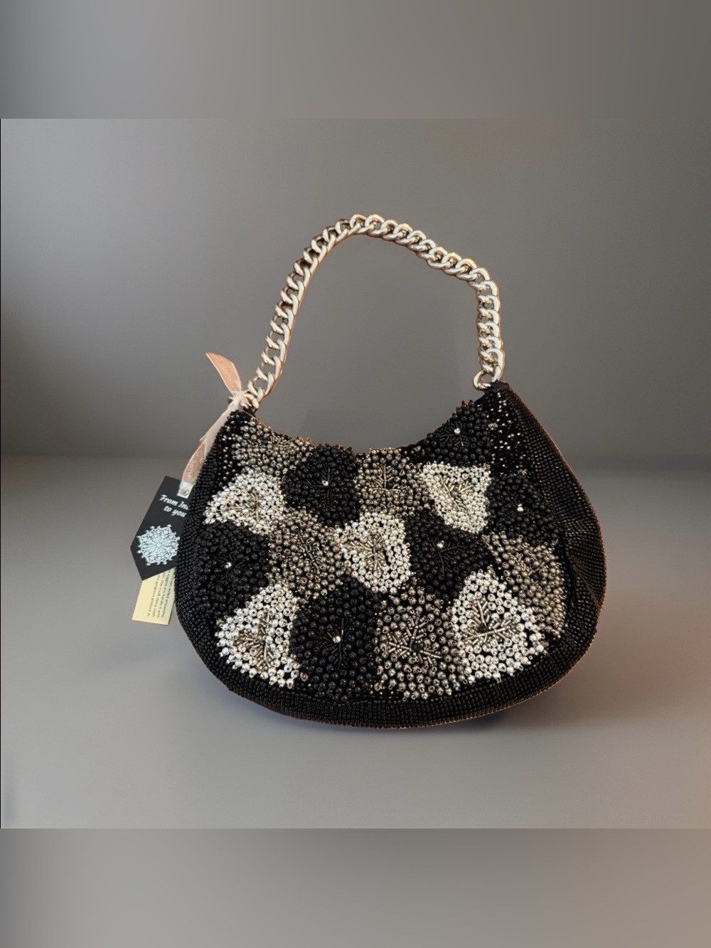Beaded Black and Silver Evening Clutch with Silver Chain Handle NWT